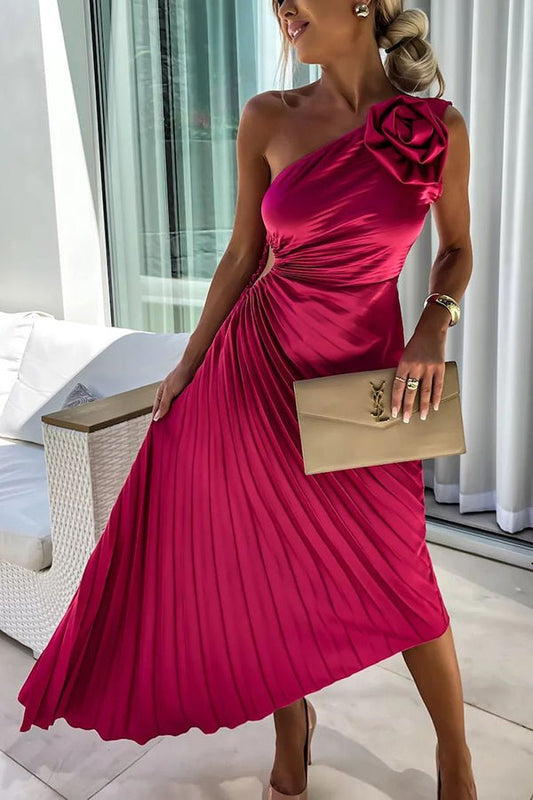 Elegant Satin Pleated Maxi Dress for Women with One Shoulder Rosette Cutout Waist Flowing Style