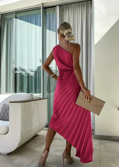 Elegant Satin Pleated Maxi Dress for Women with One Shoulder Rosette Cutout Waist Flowing Style