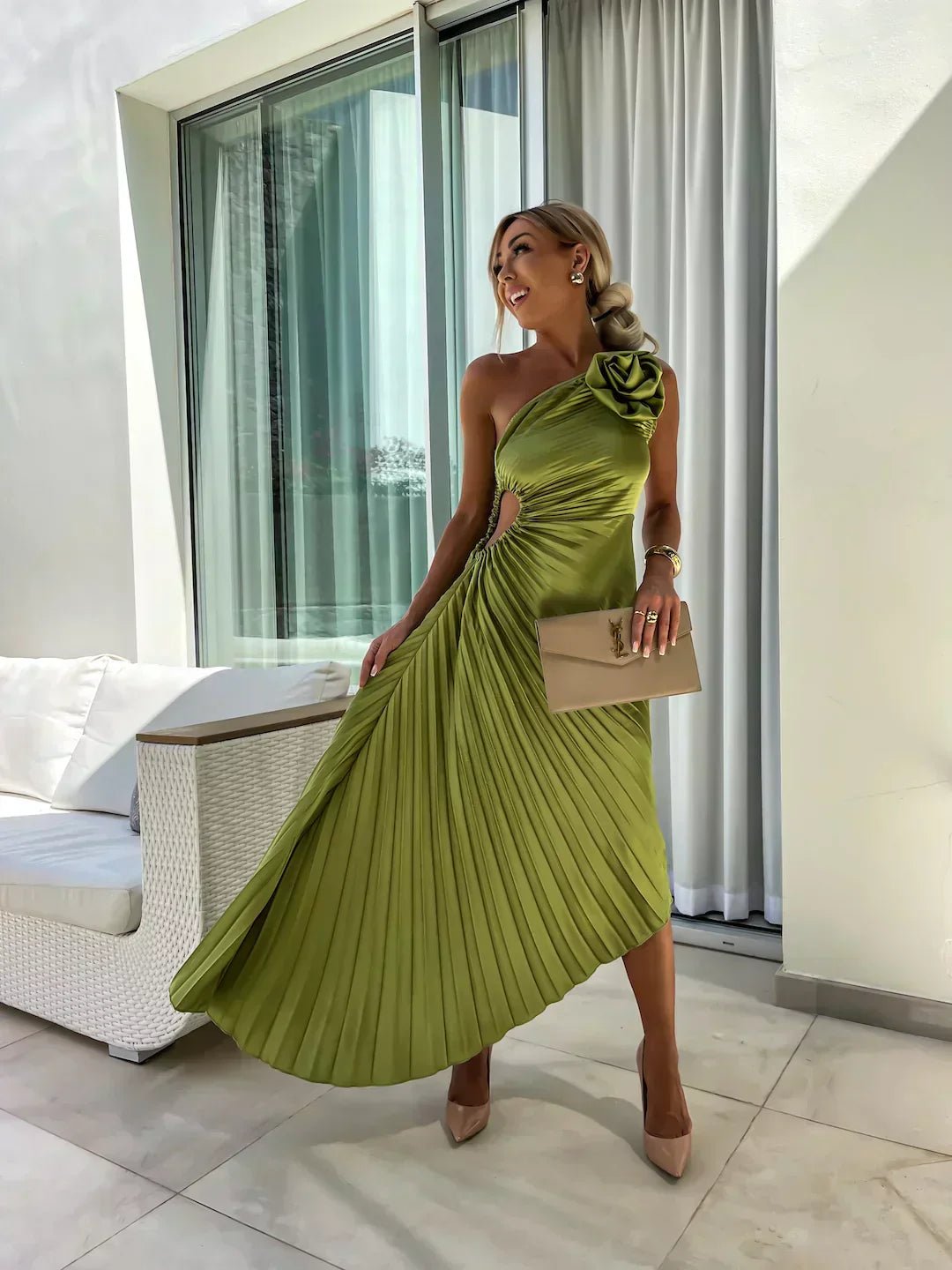 Elegant Satin Pleated Maxi Dress for Women with One Shoulder Rosette Cutout Waist Flowing Style