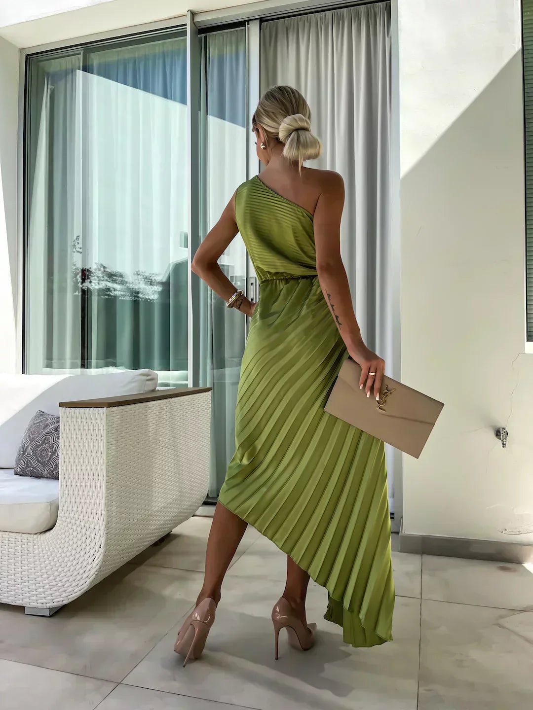 Elegant Satin Pleated Maxi Dress for Women with One Shoulder Rosette Cutout Waist Flowing Style