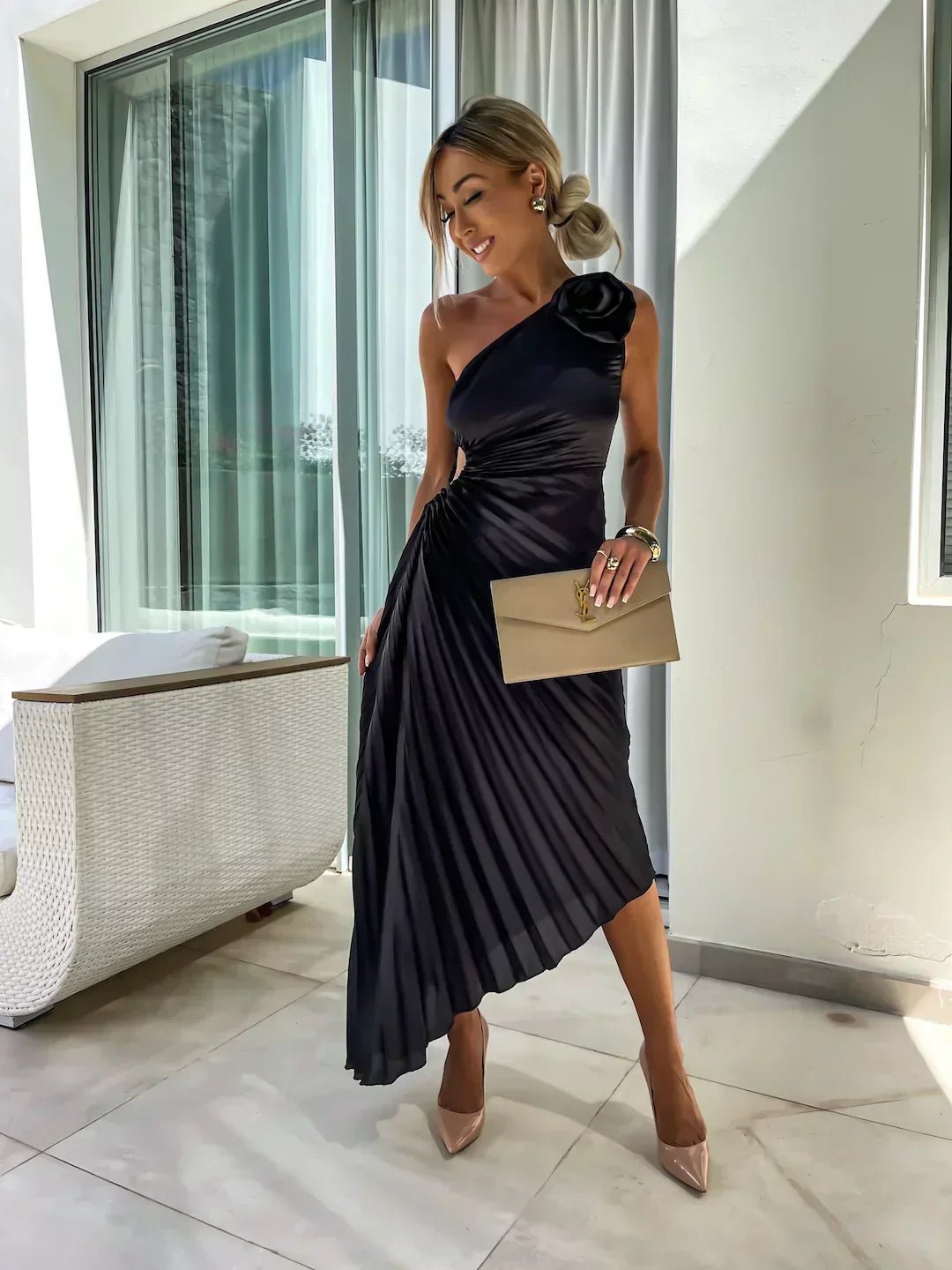 Elegant Satin Pleated Maxi Dress for Women with One Shoulder Rosette Cutout Waist Flowing Style