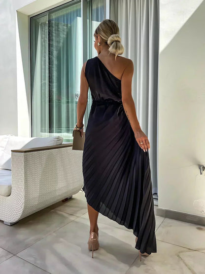 Elegant Satin Pleated Maxi Dress for Women with One Shoulder Rosette Cutout Waist Flowing Style