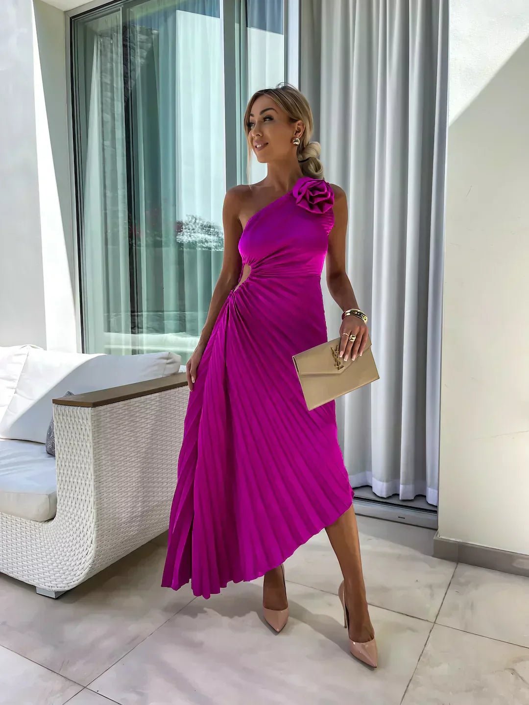 Elegant Satin Pleated Maxi Dress for Women with One Shoulder Rosette Cutout Waist Flowing Style