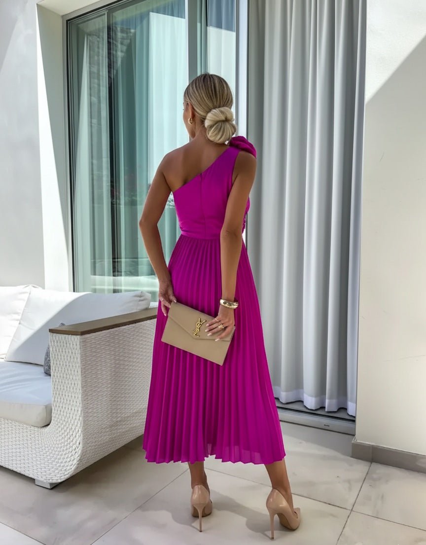 Elegant Satin Pleated Maxi Dress for Women with One Shoulder Rosette Cutout Waist Flowing Style