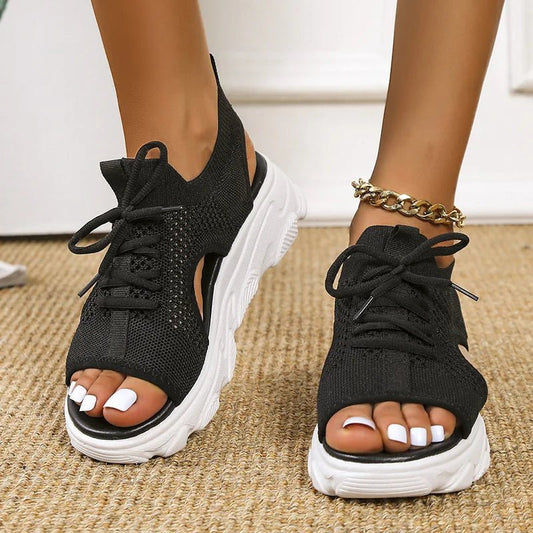 Effortless Knit Peep Toe Sneaker Sandal for Women with Lace Up Cutout Chunky Platform Style