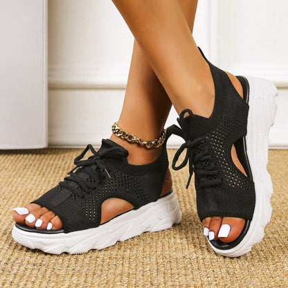 Effortless Knit Peep Toe Sneaker Sandal for Women with Lace Up Cutout Chunky Platform Style