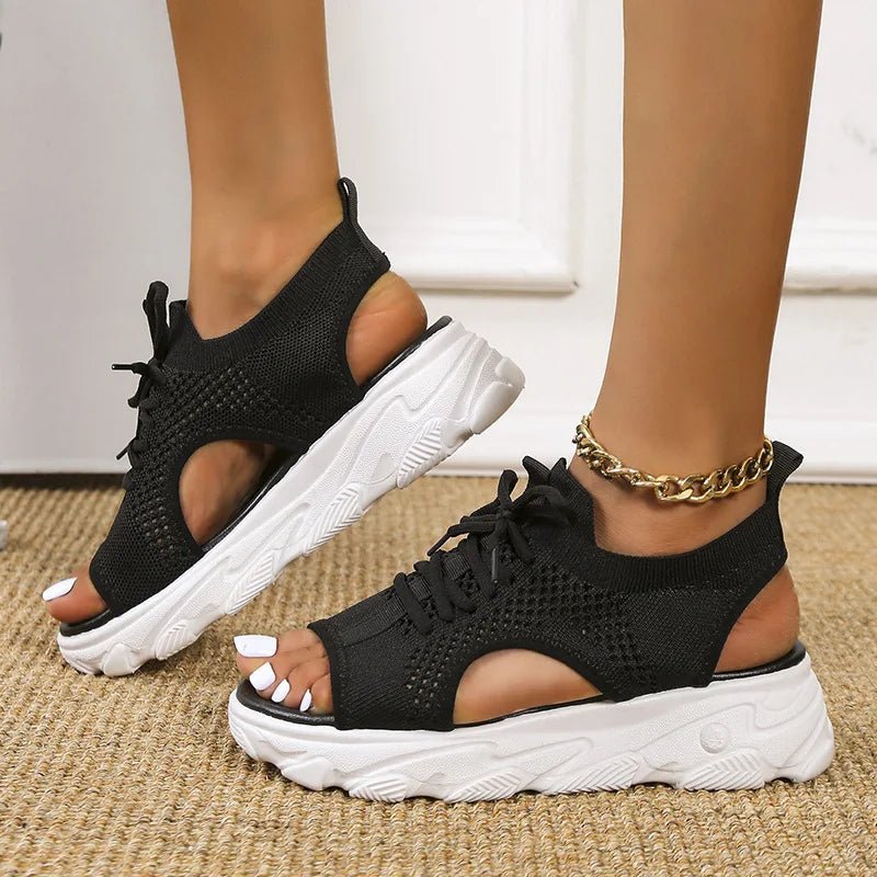 Effortless Knit Peep Toe Sneaker Sandal for Women with Lace Up Cutout Chunky Platform Style