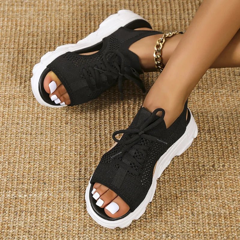 Effortless Knit Peep Toe Sneaker Sandal for Women with Lace Up Cutout Chunky Platform Style