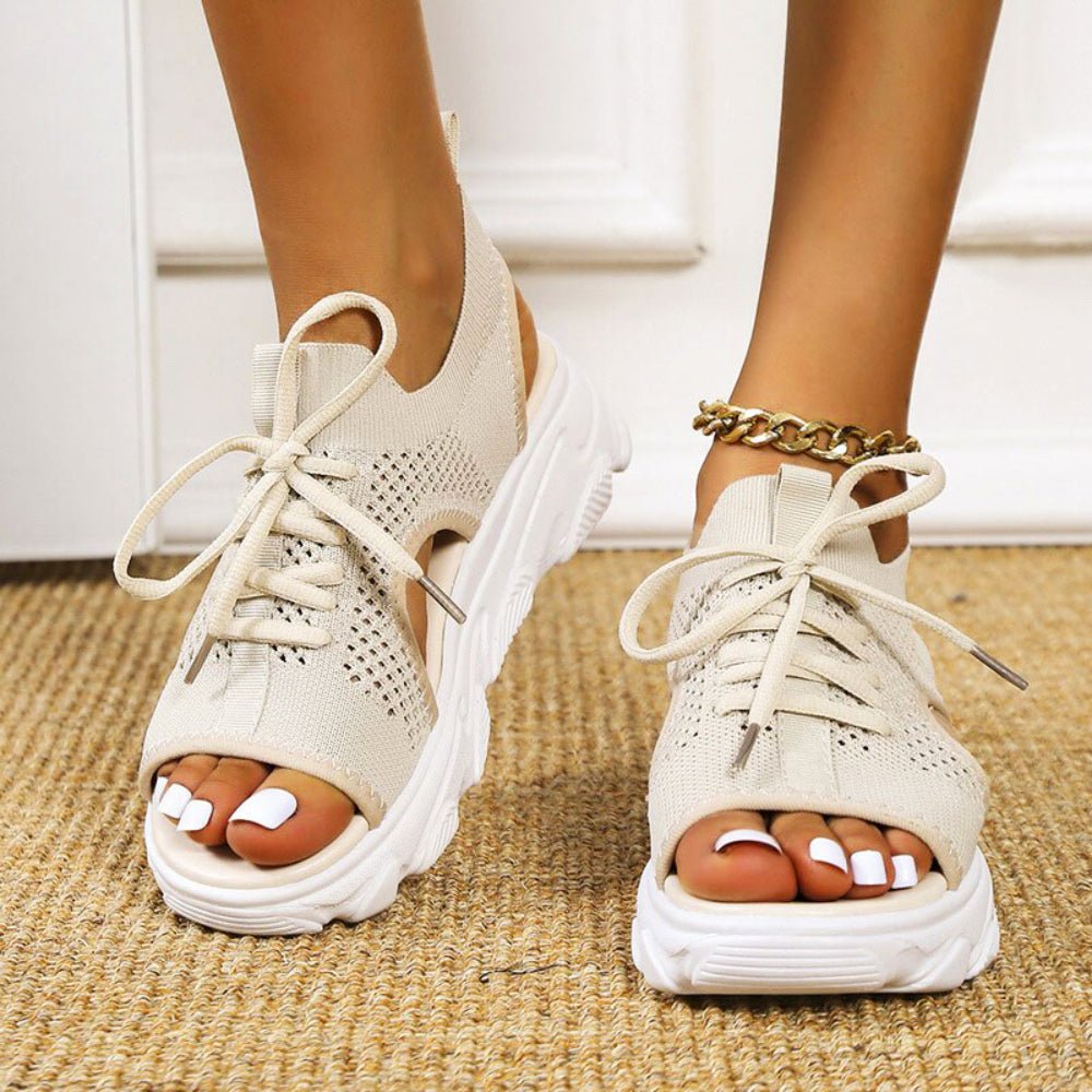 Effortless Knit Peep Toe Sneaker Sandal for Women with Lace Up Cutout Chunky Platform Style