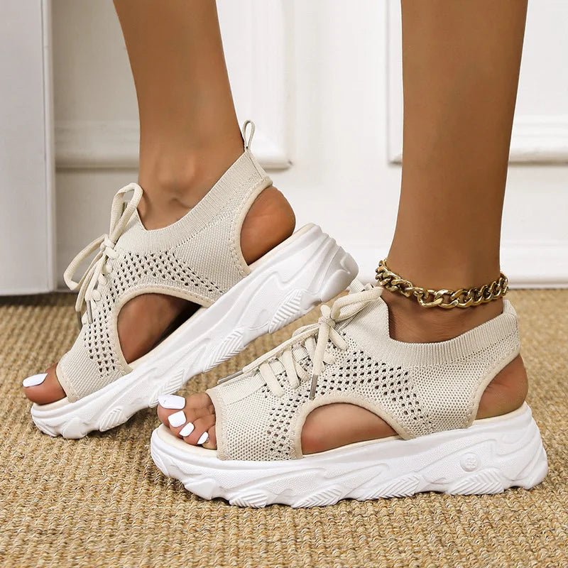 Effortless Knit Peep Toe Sneaker Sandal for Women with Lace Up Cutout Chunky Platform Style