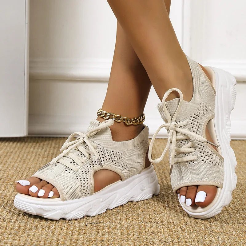 Effortless Knit Peep Toe Sneaker Sandal for Women with Lace Up Cutout Chunky Platform Style