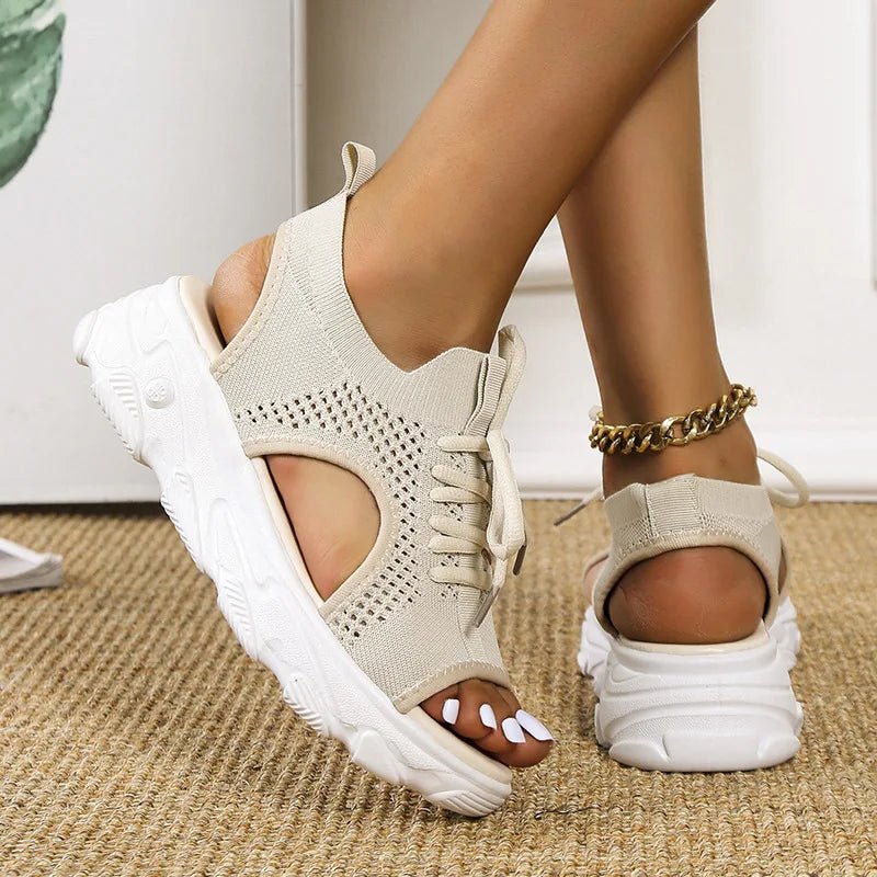 Effortless Knit Peep Toe Sneaker Sandal for Women with Lace Up Cutout Chunky Platform Style