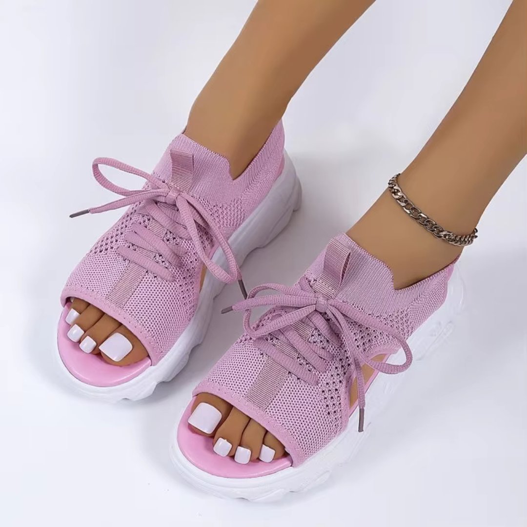 Effortless Knit Peep Toe Sneaker Sandal for Women with Lace Up Cutout Chunky Platform Style