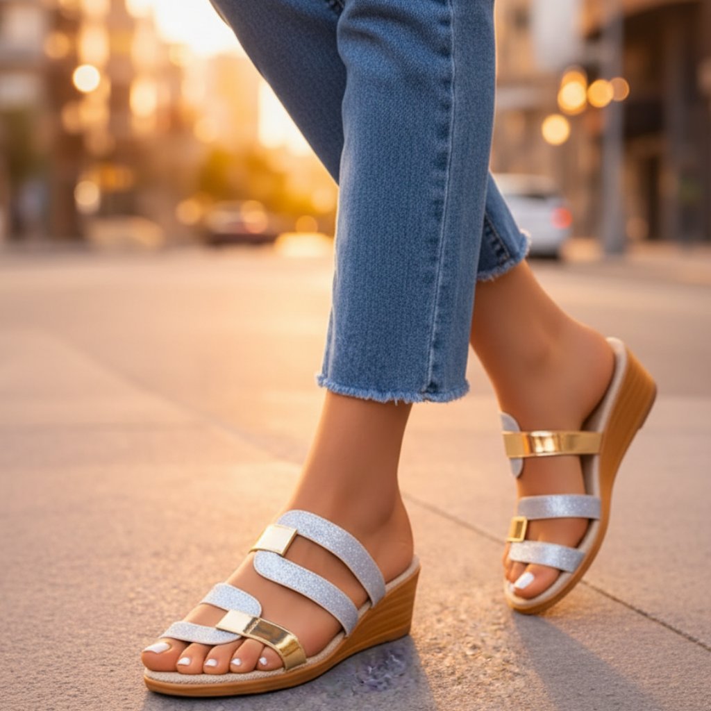 Comfortable Glitter Strap Wedge Sandal for Women with Buckle Accent Open Toe Slide Style