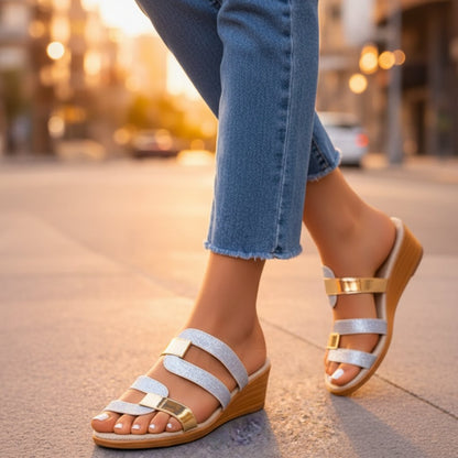 Comfortable Glitter Strap Wedge Sandal for Women with Buckle Accent Open Toe Slide Style
