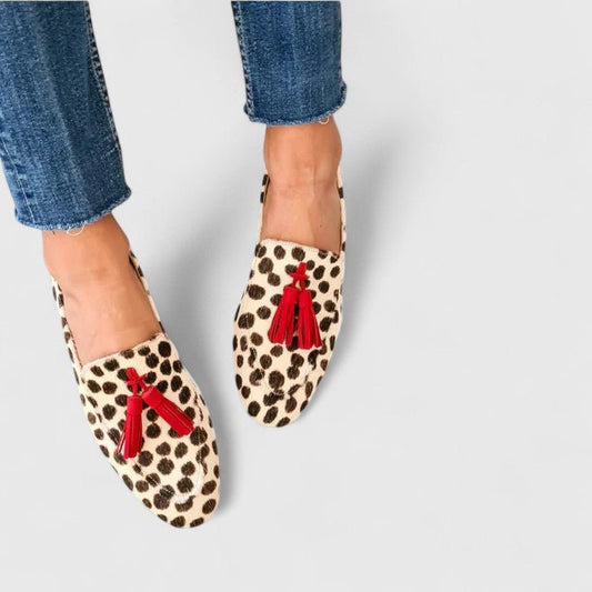 Stylish Beige Leopard Print Mule for Women with Round Toe Red Tassel Slip On Style