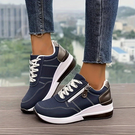 Comfortable Faux Leather Wedge Sneaker for Women with Lace Up Zipper Side Platform Sole Casual Style