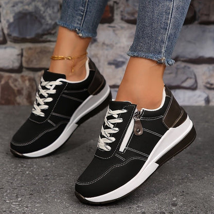 Comfortable Faux Leather Wedge Sneaker for Women with Lace Up Zipper Side Platform Sole Casual Style