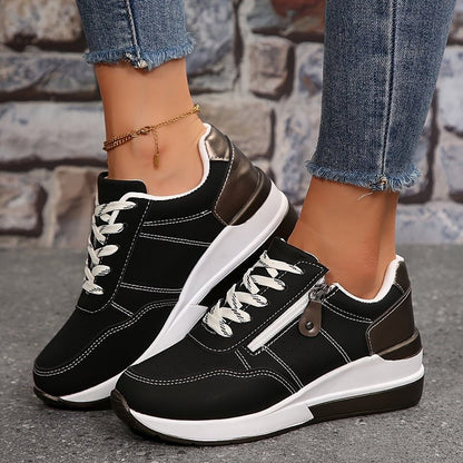 Comfortable Faux Leather Wedge Sneaker for Women with Lace Up Zipper Side Platform Sole Casual Style