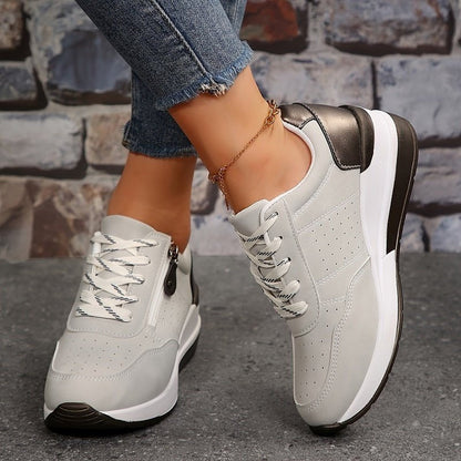 Comfortable Faux Leather Wedge Sneaker for Women with Lace Up Zipper Side Platform Sole Casual Style