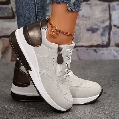 Comfortable Faux Leather Wedge Sneaker for Women with Lace Up Zipper Side Platform Sole Casual Style