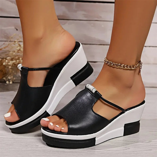Elegant Rhinestone T-Strap Wedge Sandal for Women with Peep Toe Platform Slip On Casual Style