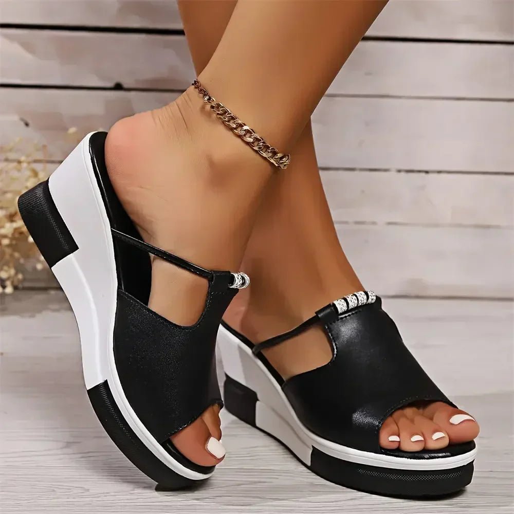 Elegant Rhinestone T-Strap Wedge Sandal for Women with Peep Toe Platform Slip On Casual Style