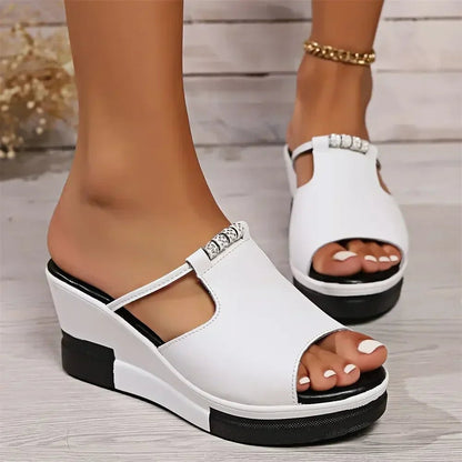 Elegant Rhinestone T-Strap Wedge Sandal for Women with Peep Toe Platform Slip On Casual Style