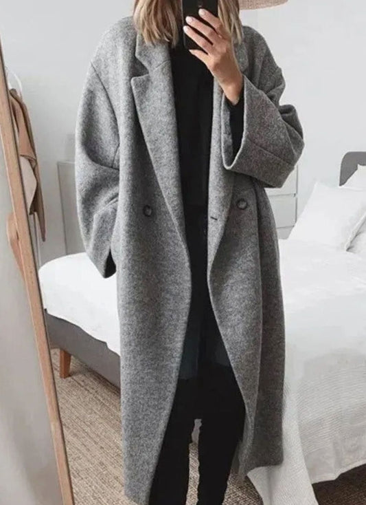 Sleek Relaxed Fit Long Wool Coat for Women with Notched Lapel Double Breasted Relaxed Fit Tailored Cold Weather Style