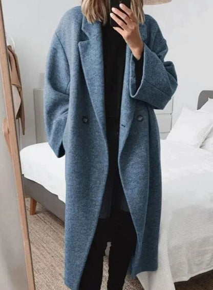 Sleek Relaxed Fit Long Wool Coat for Women with Notched Lapel Double Breasted Relaxed Fit Tailored Cold Weather Style