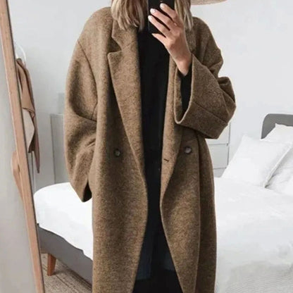 Sleek Relaxed Fit Long Wool Coat for Women with Notched Lapel Double Breasted Relaxed Fit Tailored Cold Weather Style