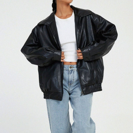 Refined Easy Fit Faux Leather Jacket for Women with Zip Front Drop Shoulder Relaxed Trendy Style
