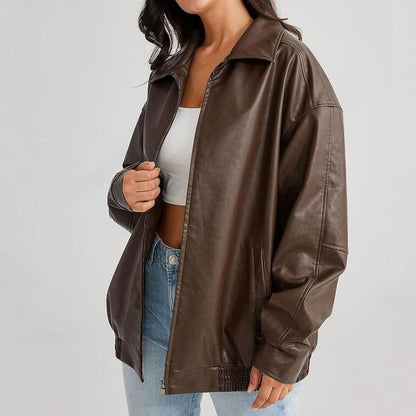 Refined Easy Fit Faux Leather Jacket for Women with Zip Front Drop Shoulder Relaxed Trendy Style