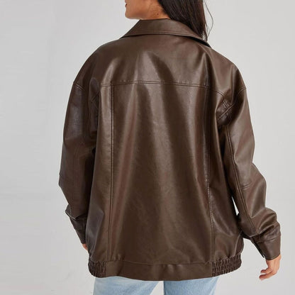 Refined Easy Fit Faux Leather Jacket for Women with Zip Front Drop Shoulder Relaxed Trendy Style