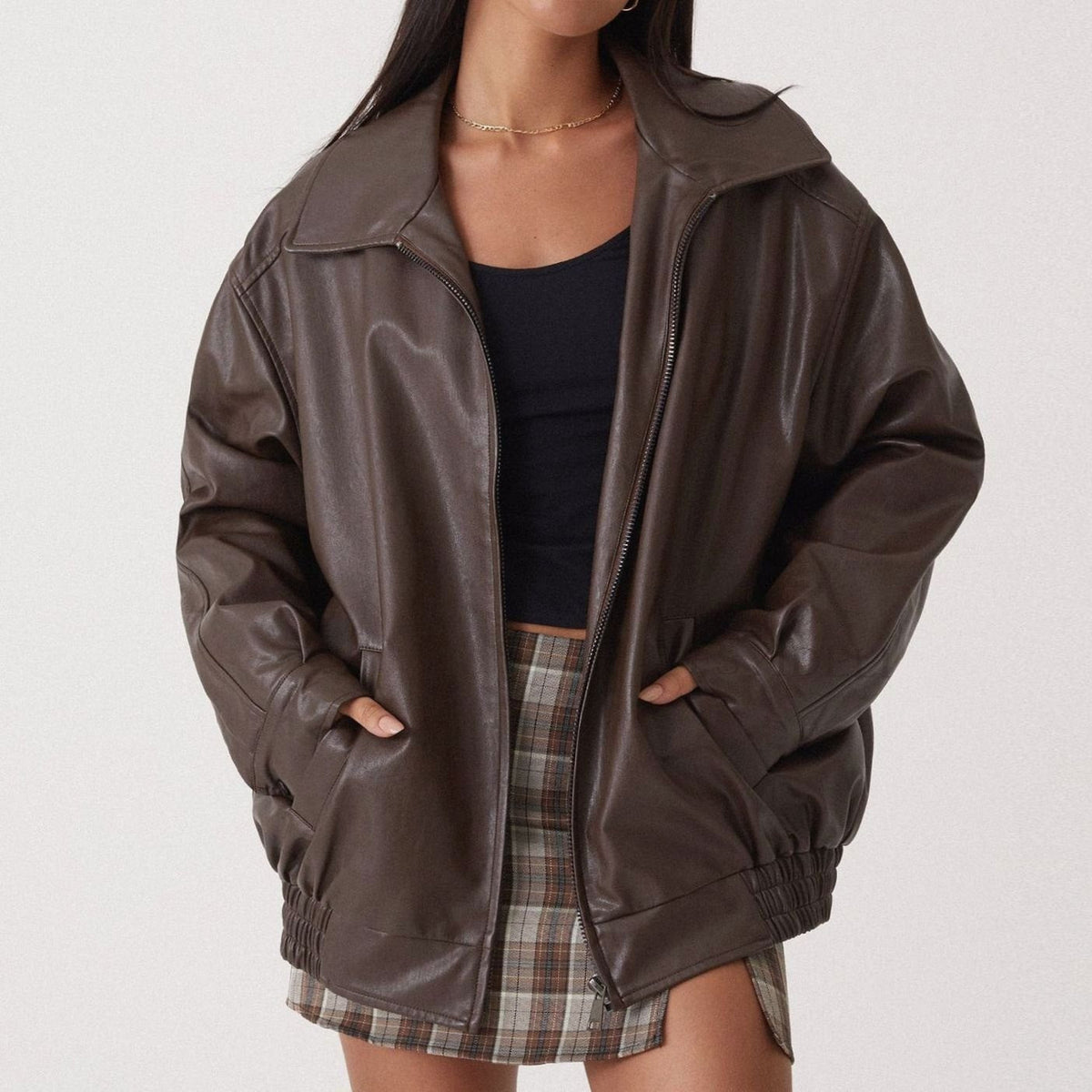 Refined Easy Fit Faux Leather Jacket for Women with Zip Front Drop Shoulder Relaxed Trendy Style