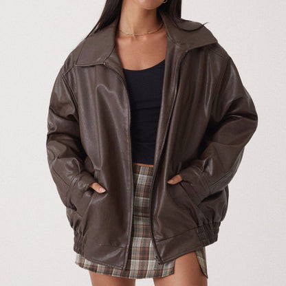 Refined Easy Fit Faux Leather Jacket for Women with Zip Front Drop Shoulder Relaxed Trendy Style