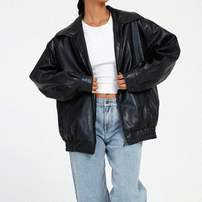 Refined Easy Fit Faux Leather Jacket for Women with Zip Front Drop Shoulder Relaxed Trendy Style
