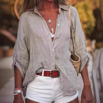 Effortless Linen Blouse for Women with Collar Long Sleeve Button Front Relaxed Style