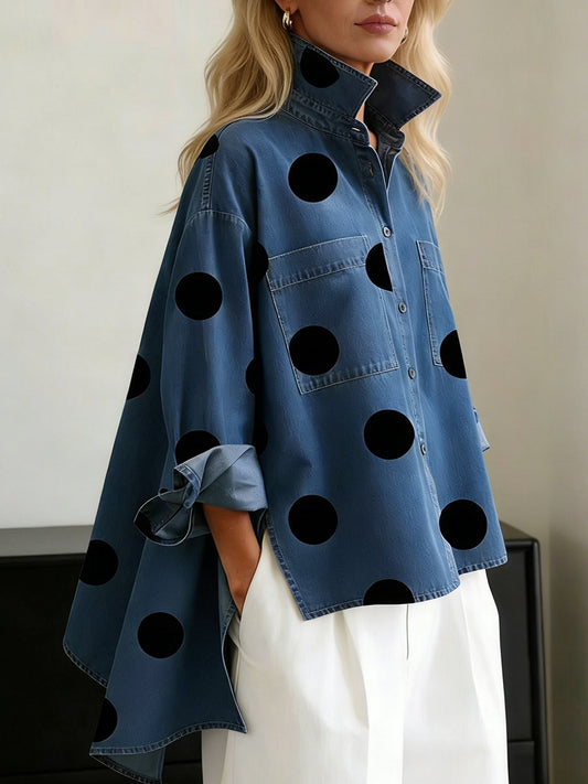 Effortless Polka Dot Denim Jacket for Women with Stand Collar Long Sleeve Oversized High Low Hem Casual Style