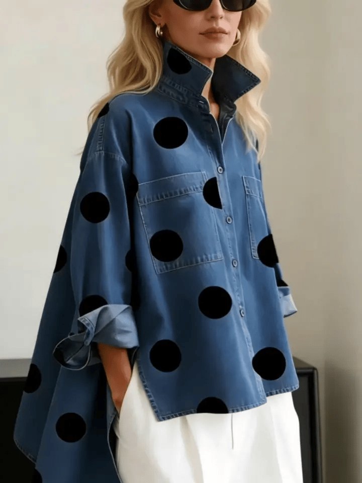 Effortless Polka Dot Denim Jacket for Women with Stand Collar Long Sleeve Oversized High Low Hem Casual Style
