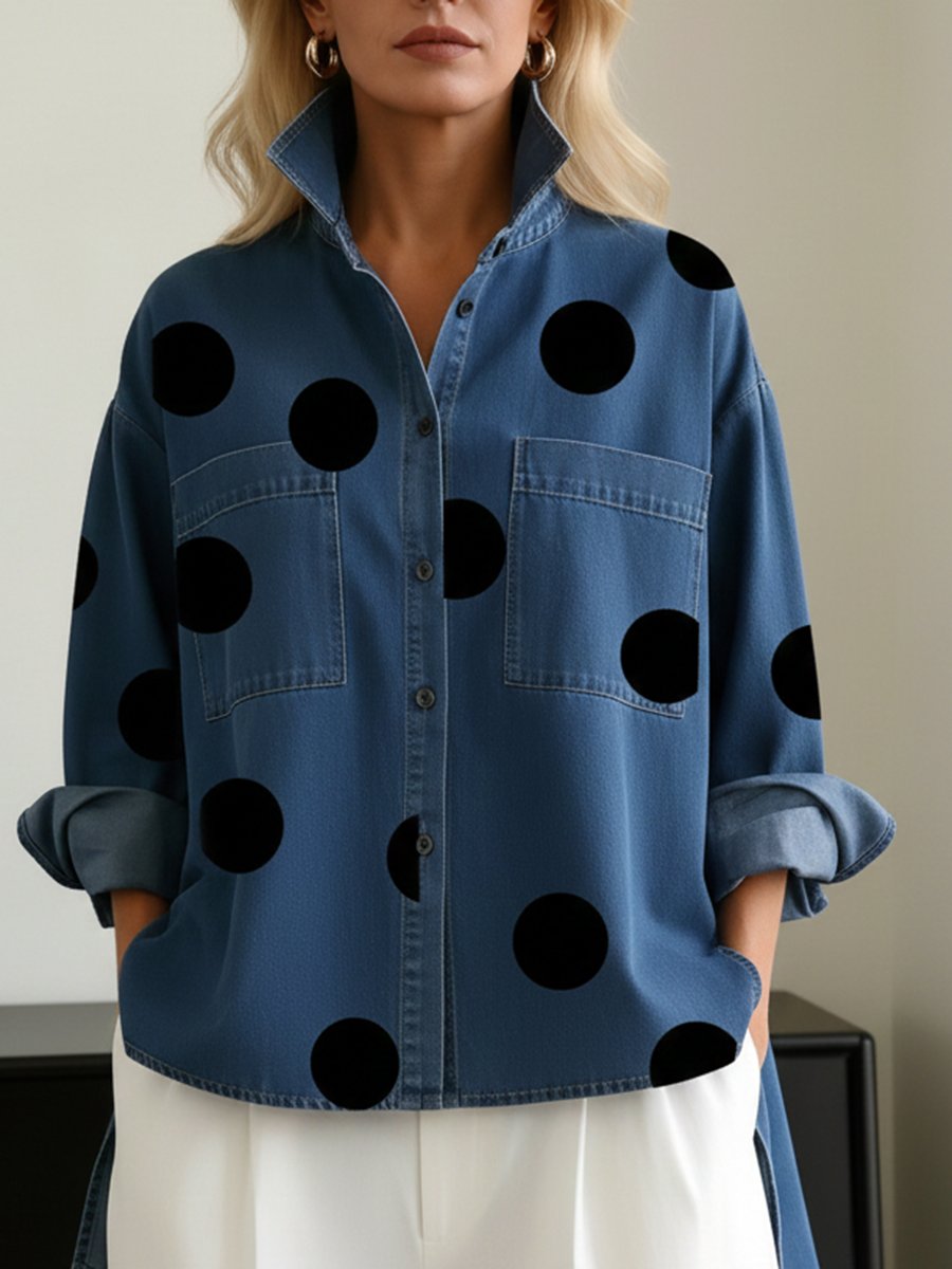 Effortless Polka Dot Denim Jacket for Women with Stand Collar Long Sleeve Oversized High Low Hem Casual Style