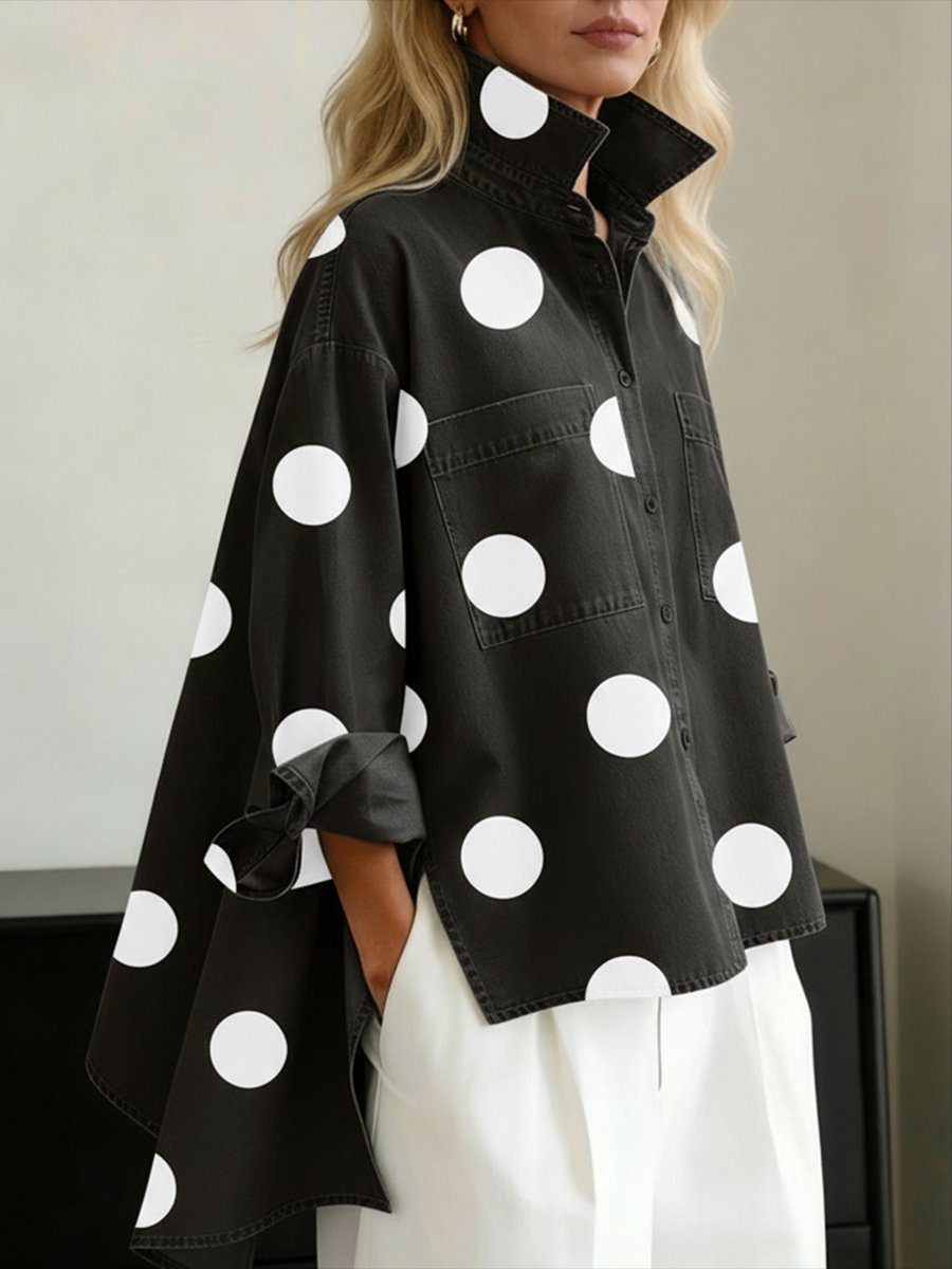 Effortless Polka Dot Denim Jacket for Women with Stand Collar Long Sleeve Oversized High Low Hem Casual Style