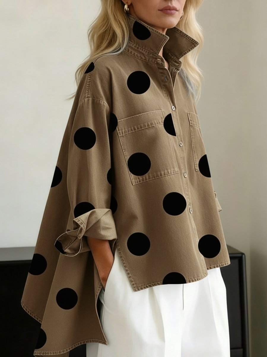 Effortless Polka Dot Denim Jacket for Women with Stand Collar Long Sleeve Oversized High Low Hem Casual Style