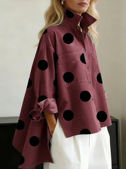 Effortless Polka Dot Denim Jacket for Women with Stand Collar Long Sleeve Oversized High Low Hem Casual Style