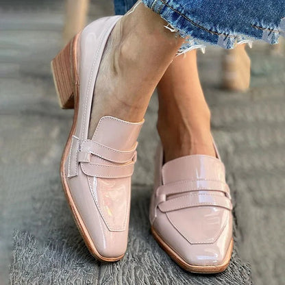 Elegant Pink Patent Loafer Mule for Women with Square Toe Block Heel Slingback Style