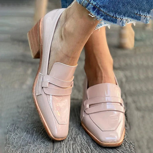 Elegant Pink Patent Loafer Mule for Women with Square Toe Block Heel Slingback Style