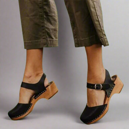 Comfortable Leather Wooden Clog Sandal for Women with Buckle Strap Closed Toe Block Heel Casual Style