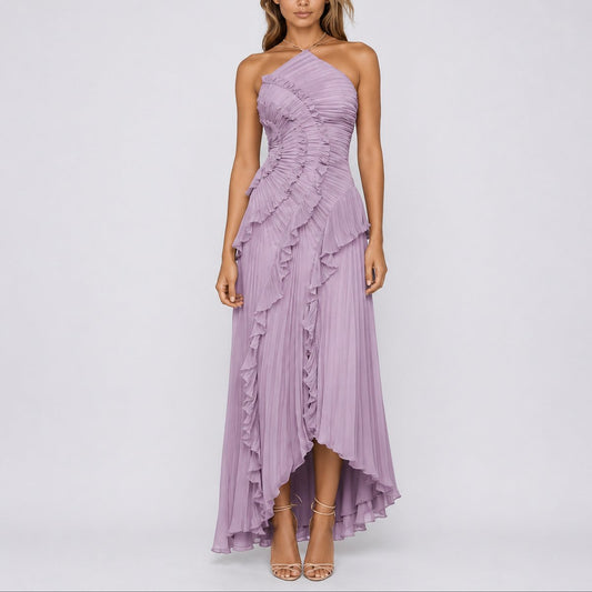 Elegant Chiffon Autumn Wedding Guest Dress for Women with Halter Neck Ruffle Asymmetrical High Low Style