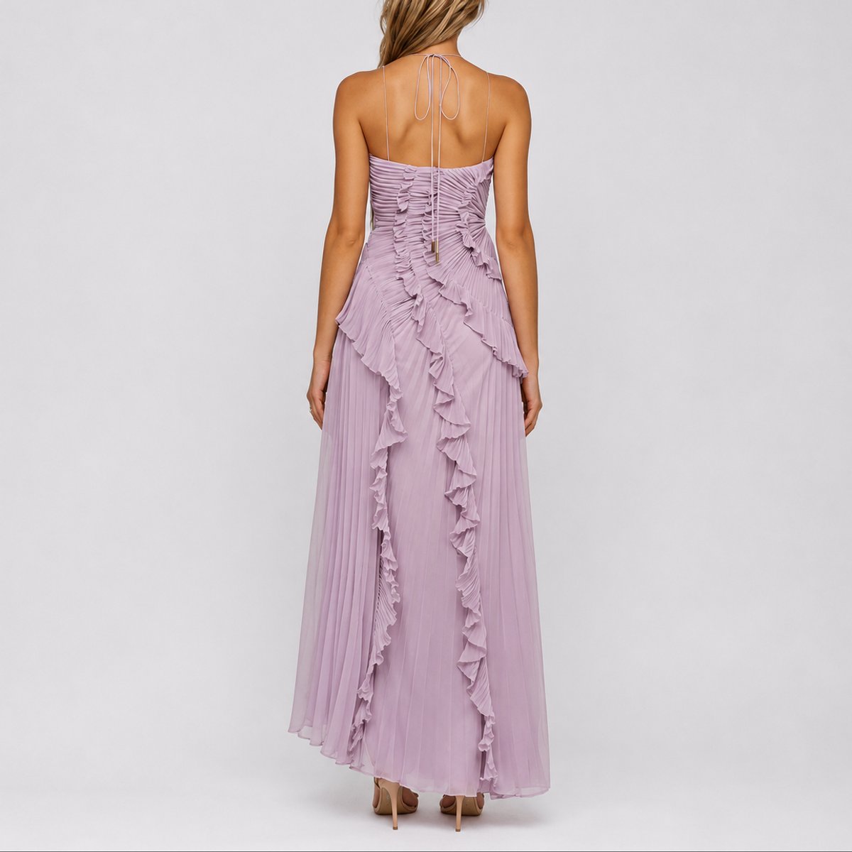 Elegant Chiffon Autumn Wedding Guest Dress for Women with Halter Neck Ruffle Asymmetrical High Low Style