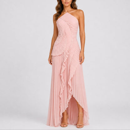 Elegant Chiffon Autumn Wedding Guest Dress for Women with Halter Neck Ruffle Asymmetrical High Low Style